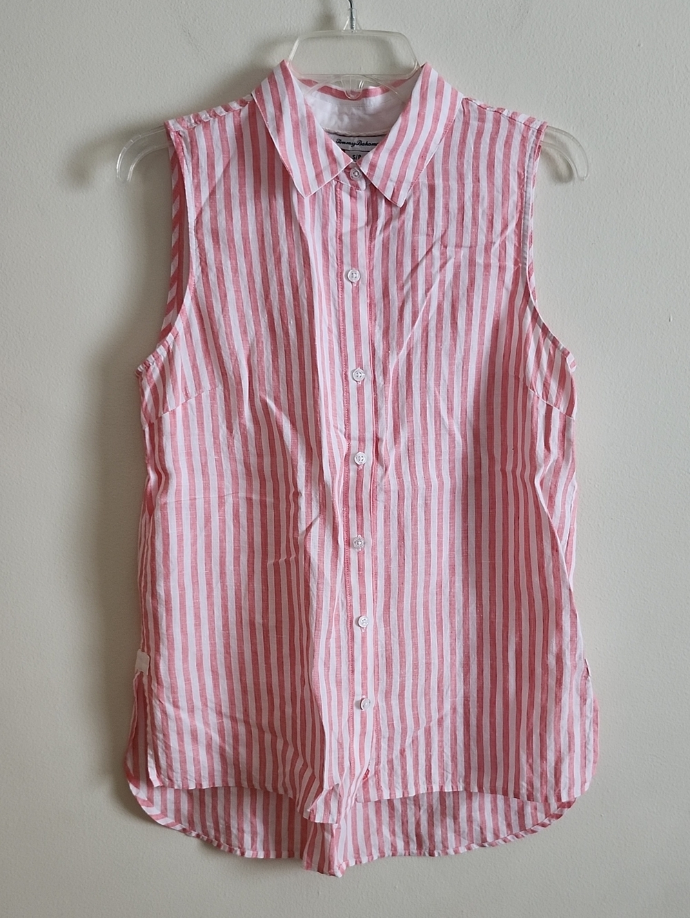 Tommy Bahama Coral Pink and White Striped Sleeveless Button-Up Tank Top